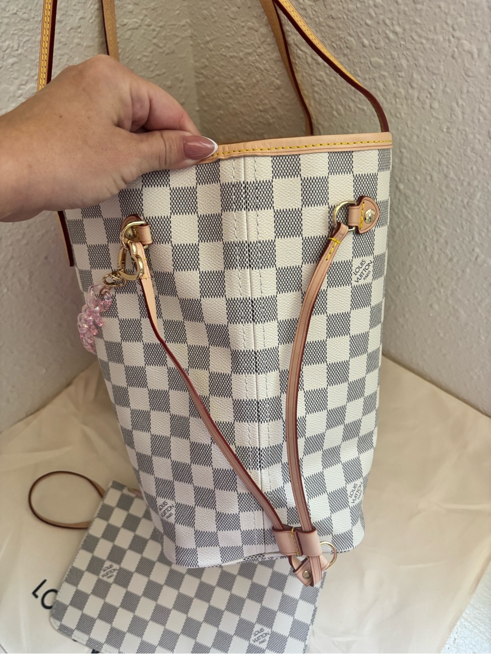 Louis Vuitton Damier Azur Neverfull Tote with Pink Scarf Accent - Picture 3 of 11
